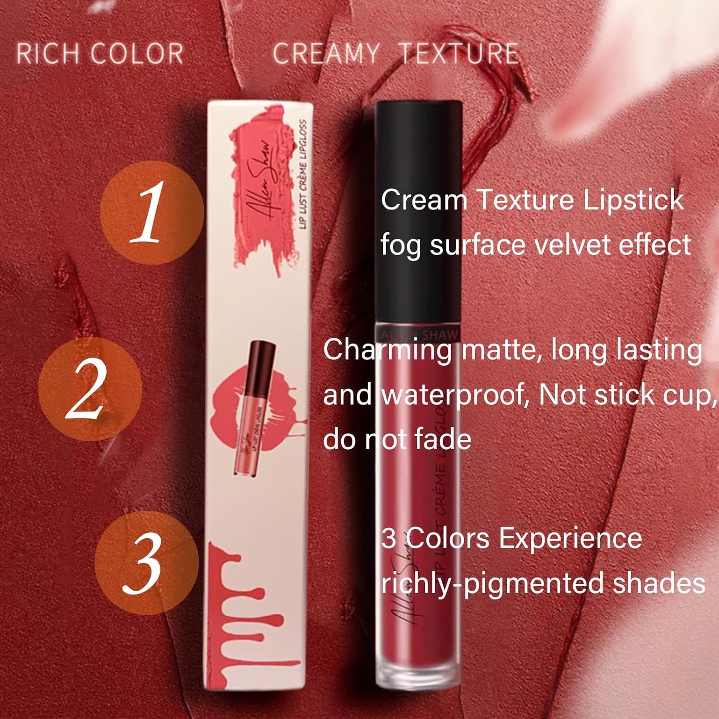 Cream Textured Lipstick: 3 Colors, Long-Lasting & Moisturizing Velvet, Hydrating Tint, Waterproof & Non-Fading