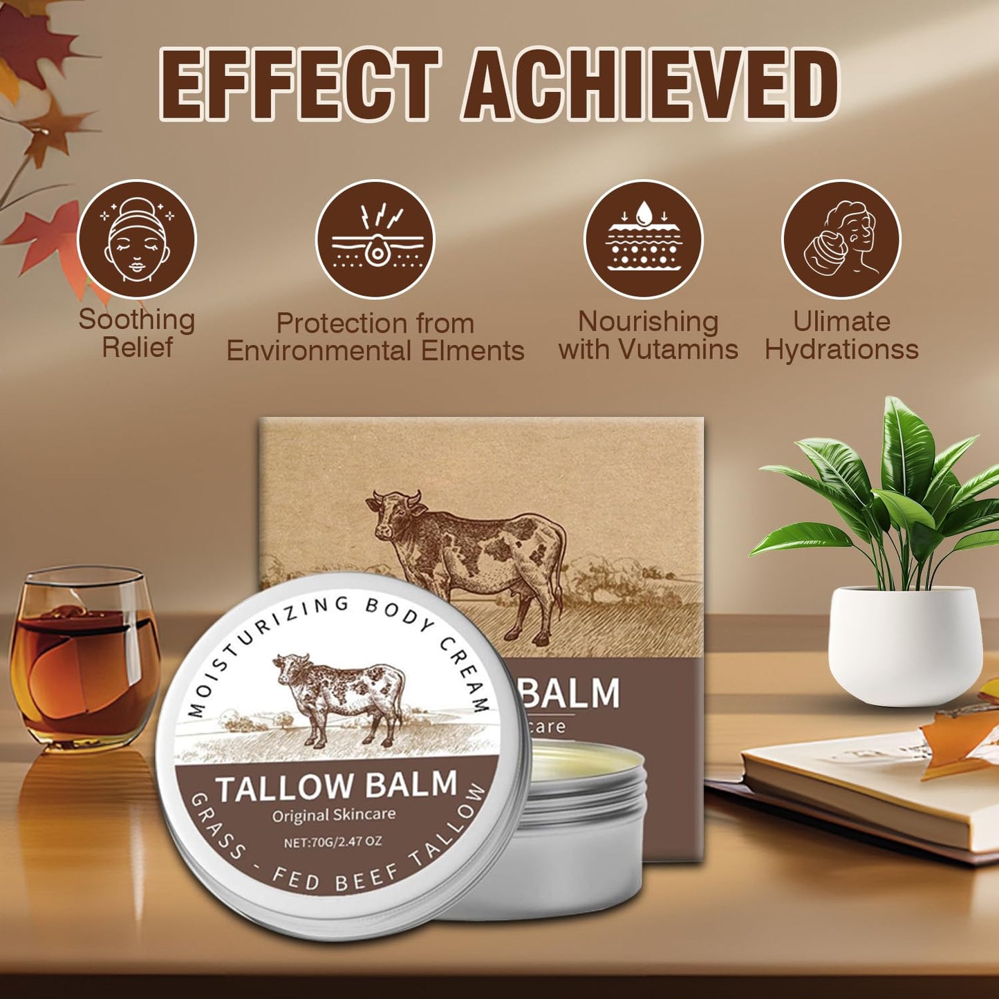 Beef Tallow for Skin, Tallow and Honey Balm, Natural Moisturizer Body Cream, Natural Organic Grass Fed Beef Tallow for Body Moisturizer Skin Care for Sensitive Skin